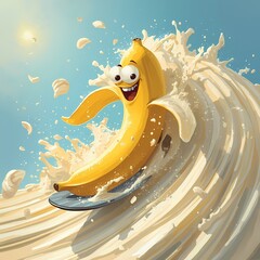 Cheerful banana character surfing a creamy wave under a sunny sky, perfect for food and summer fun designs