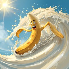 Ride the wave with a fun, happy banana character surfing a milk wave under the sun perfect for promotions