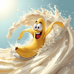 Delightful banana cartoon character surfing a wave of creamy milk with a joyful expression