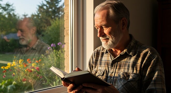 Senior man reading a book by the window enjoying a moment of peace and quiet reflection - Powered by Adobe
