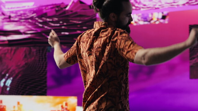 DJ influencer dancing around the club with electronic beats and artistic visuals, showing groovy cool moves. Cyberpunk music culture and creativity captures the urban digital lifestyle. Camera A.