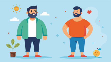 A beforeandafter transformation photo not of weight loss or muscle gain but of a mans journey towards selflove and body positivity.. Vector illustration