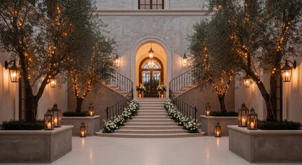 Elegant courtyard entrance with illuminated trees and stairs, creating a luxurious and inviting atmosphere for events or hotels
