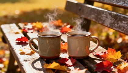 Two mugs of coffee on wooden bench with colorful fall leaves, romantic autumn picnic atmosphere