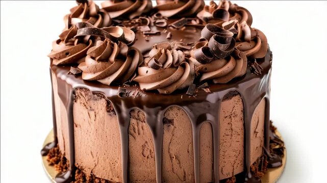 A rich and delicious chocolate cake decorated with fudge icing and shavings, ready to be served.