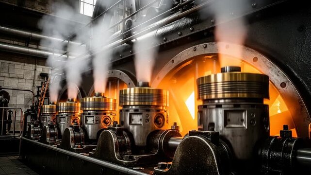 Row of large industrial steam engine pistons with steam rising and a warm orange glow machinery factory