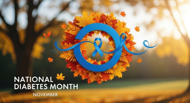 Blue ribbon diabetes awareness symbol inside a wreath of vibrant autumn leaves set against a bright golden forest during National Diabetes Month in November. - Powered by Adobe