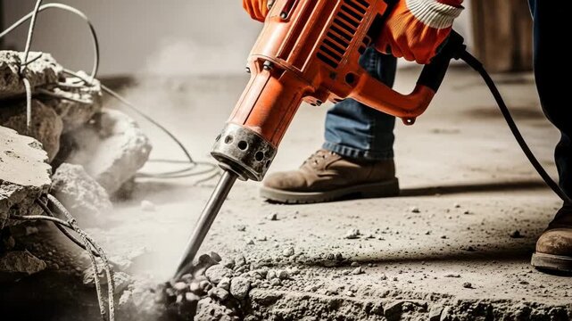 Construction worker using an orange jackhammer to break concrete with debris and dust flying breaking