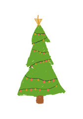 Christmas Tree with Lights vector crayon illustration. festive seasonal elements in hand drawn naive colored pencil style isolated on white.