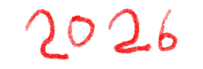 2026 Handwritten new year vector crayon illustration. festive seasonal elements in hand drawn naive colored pencil style isolated on white.