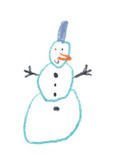 Christmas Smiling Snowman vector crayon illustration. festive seasonal elements in hand drawn naive colored pencil style isolated on white.