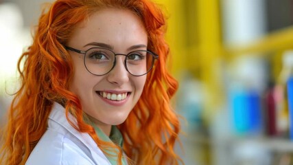 Portrait of a happy young lady wearing eyeglasses with blue frame. She has long, curly red hair. Indoors setting with yellow background. - Powered by Adobe