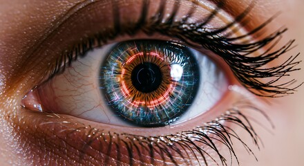 A detailed macro view of a futuristic human eye with a glowing fiery iris for biometrics
