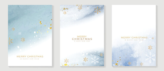 Elegant luxury watercolor winter art background vector illustration with gold snowflakes and Christmas floral decoration card