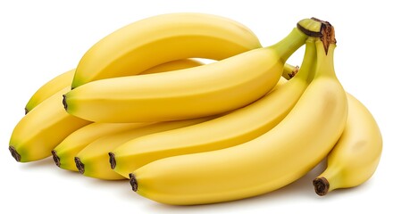 Vibrant yellow ripe bananas in a healthy cluster, perfectly arranged against a clean white backdrop, highlighting their fresh appeal for nutritious snacking and culinary uses