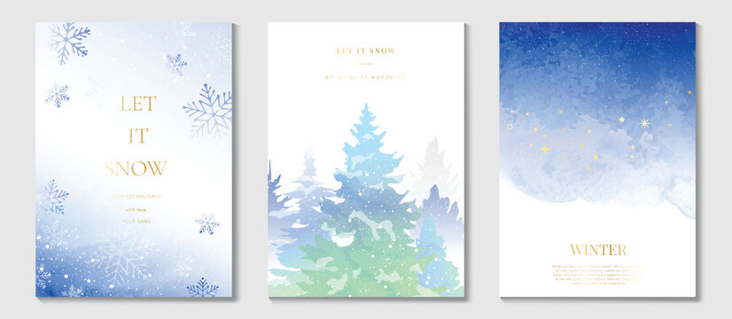 Luxury watercolor winter background vector illustration with snowflakes and pine tree decoration cards