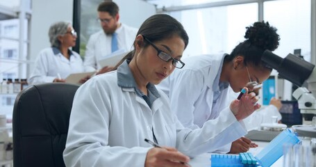 Science, blood and team with people in lab for outbreak research, medical investigation and virus antibody test. Collaboration, sample vial and vaccine with scientists in disease center for pathogens - Powered by Adobe