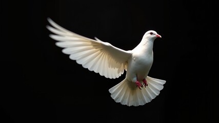 Obraz premium White dove flying isolated on black background and Clipping path. freedom on international day of peace concept 