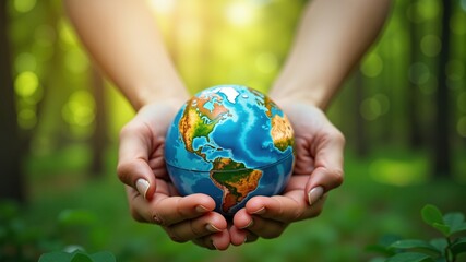 Hands holding globe on green nature forest background in saving environment concept, save clean planet, ecology concept for World Earth Day
