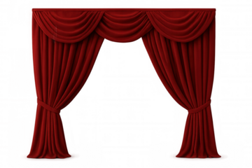 Red velvet theater stage curtain with classic drapery and tied-back design on transparent background