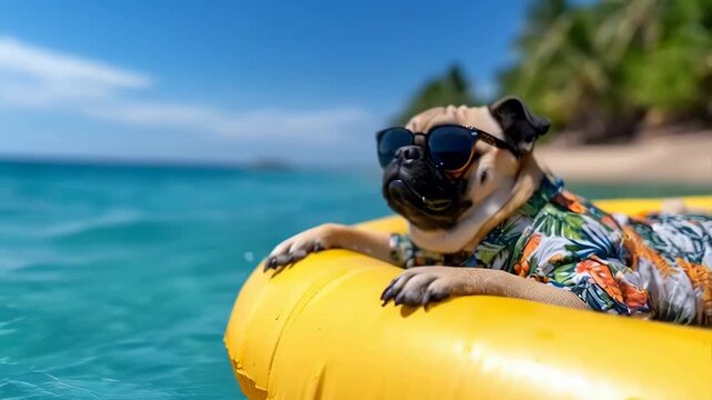 A fashionable pug dog wearing sunglasses and a Hawaiian shirt relaxes on a yellow float in the clear blue ocean.