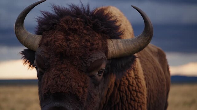a majestic american bison or buffalo with thick dark brown fur and curved horns, standing in a natural prairie or grassland environment under a dramatic sky, focusing on wildlife and large mammals