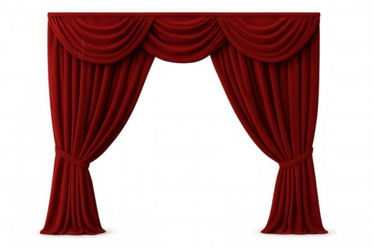 Red velvet theater stage curtain with classic drapery and tied-back design on transparent background