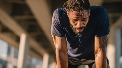 Exhausted male athlete sweating after intense outdoor workout, resting under bridge in urban setting, symbol of determination, endurance, mental strength, fitness struggle and physical discipline