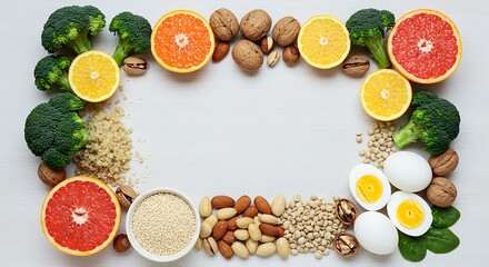 Healthy Food Frame with Citrus, Nuts, Broccoli and Grains Arrangement