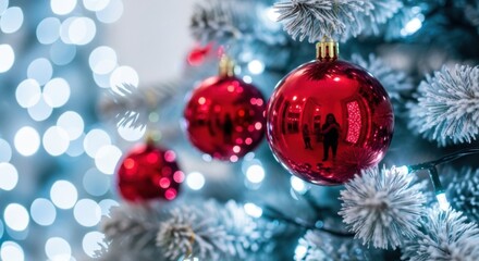 Closeup of shiny red christmas ornaments hanging on a frosted pine branch with a soft, blurred bokeh background of white lights