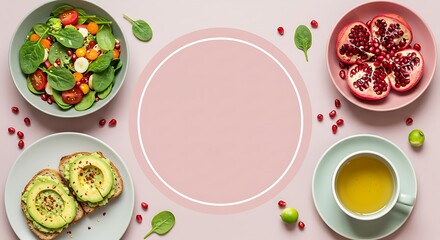 A vibrant flat lay of delicious healthy foods for a balanced diet and wellness lifestyle