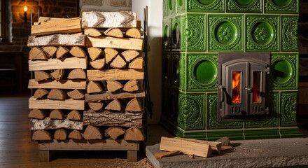 Logs stacked beside tiled stove with vibrant green facade. Logs display various sizes creating a rustic atmosphere, enhancing warmth and coziness. Concept for interior design, home decor