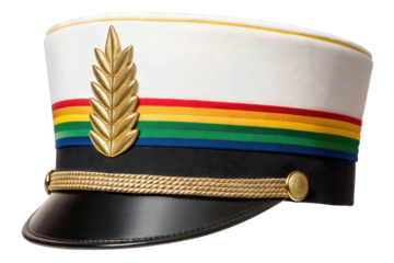 Colorful marching band hat with rainbow stripes and gold emblem showcasing musical tradition. This stylish marching band hat represents unity and celebration in performance art.