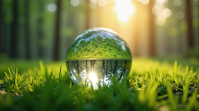 Globe Glass on green grass forest with sunlight. Environment, save world, earth day and conservation Concept.
