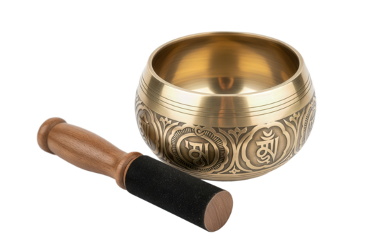 A meditation bowl with decorative patterns and a mallet next to it creates a calming sound that promotes relaxation. The meditation bowl is the perfect tool for mindfulness and calm.