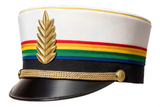Colorful marching band hat with rainbow stripes and gold emblem showcasing musical tradition. This stylish marching band hat represents unity and celebration in performance art.