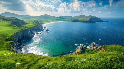 Fototapeta premium Scenic coastal landscape with lush green hills and turquoise waters under a bright sky.