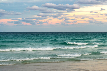 Calm horizon at sea. Romantic summer vacation seascape. Seascape horizon paradise. Sea sunrise on ocean beach. Sunset seascape at summer vacation. Horizon with sea cloudy sky. Stormy sea