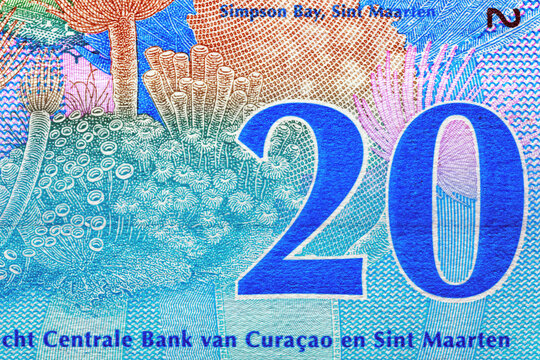 Curacao and Sint Maarten 20 Gulden 2025 Banknotes.The Spotted Eagle Ray and the Yellow Cowry.View of the ecologically unique Simpson Bay Lagoon.World money collection.Bonistics.