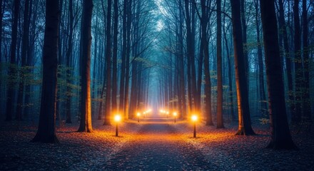 A magical and mysterious forest path illuminated by glowing lanterns, creating an enchanting atmosphere with tall trees and a dark, moody ambiance