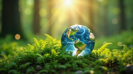 Crystal earth on ferns in green grass forest with sunlight. Environment, save the World, earth day, ecology, and Conservation Concepts..
