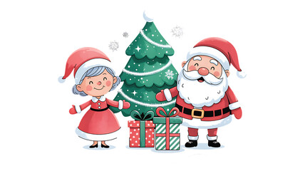 Charming christmas illustration isolated on transparent background featuring santa claus, mrs claus, christmas tree and gifts, creating a warm and joyful holiday scene