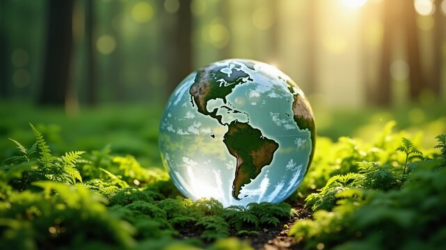 Crystal earth on ferns in green grass forest with sunlight. Environment, save the World, earth day, ecology, and Conservation Concepts..
