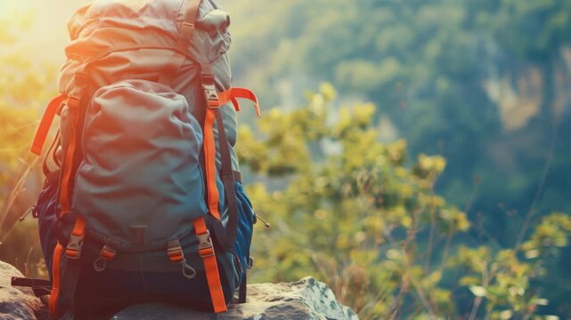A person's back with a large backpack on the side of a mountain or hillside.