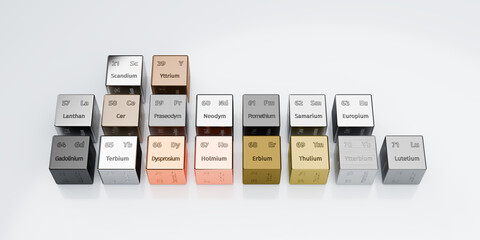 The 17 rare earth elements depicted as cubes with their atomic numbers, symbol and names engraved. Scandium, Yttrium, Neodym, Lanthan, Terbium, Lutetium, Holmium, Praseodym, Thulium, Ytterbium, Erbium