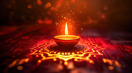 Traditional diya oil lamp with bright flame on red mandala rangoli, sparkling particle effects, warm bokeh, Indian festival Diwali celebration background