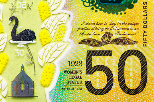 Australia 50 Dollars 2019 polymer Banknotes.Portrait of David Unaipon and Edith Cowan.The new 2019 issue bill is designed to deter counterfeiting.Bonistics.World money collection.