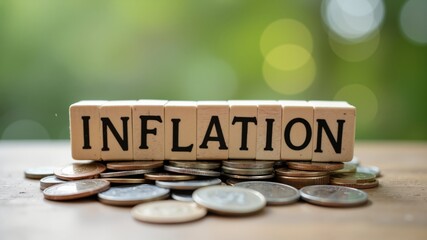 INFLATION word on a wooden cube on coins in idea for FED consider interest rate hike, world economics, and inflation control, US dollar inflation
