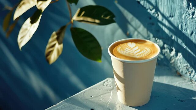 A cup of coffee with latte art is placed outside in the sun. The patio setting adds warmth to the scene.