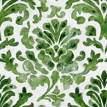 Ethnic folk seamless green pattern in talavera and azulejo style. Traditional Portuguese or Spain design. Watercolor painted tile texture.